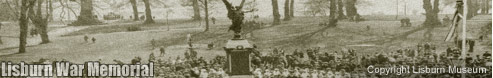 The unveiling of Lisburn War memorial in April 1923.  In the foreground Great War veterans look on.