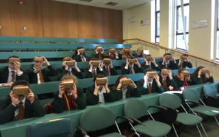FSL students in lecture theatre being treated to some Google VR